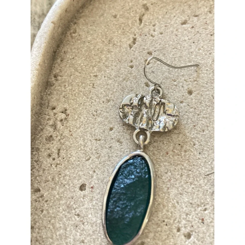 Naturalist Dangle Earrings In‎ Silver Tone & Dark Green Brutalist Modernist